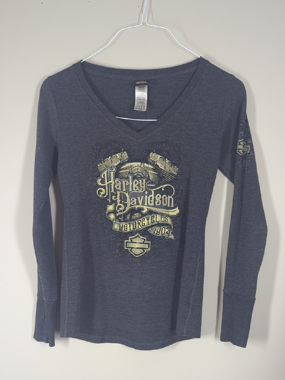Harley-Davidson Women's Gray V-Neck Long Sleeve Tee - Yellow Graphic